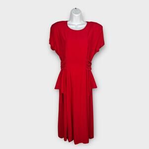Vintage Red Secretary Midi Dress Tie Waist 90s Size 10